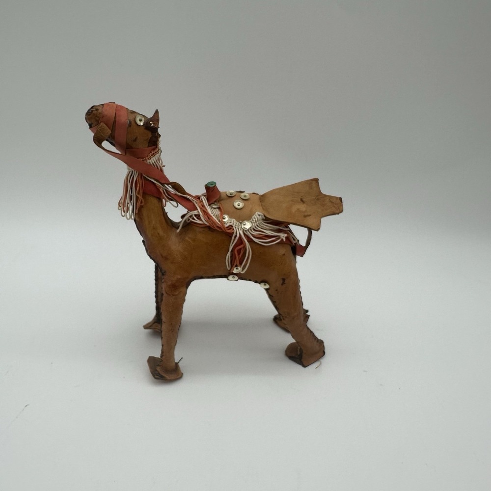 Vintage Camel Hand Made Leather Egyptian Souvenir Figurine 7" Tan & Red‎